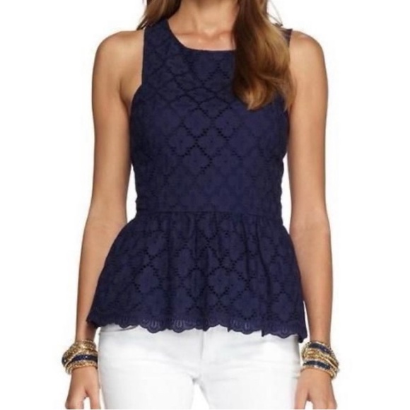Lilly Pulitzer Tops - Lilly Pulitzer navy openwork broderie peplum top size 6 party evening S